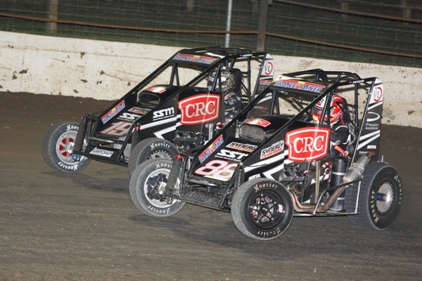  Brad Mosen (left) and Michael Pickens (right) in action at Huntly Speedway in the two CRC Synergy V8 midgets